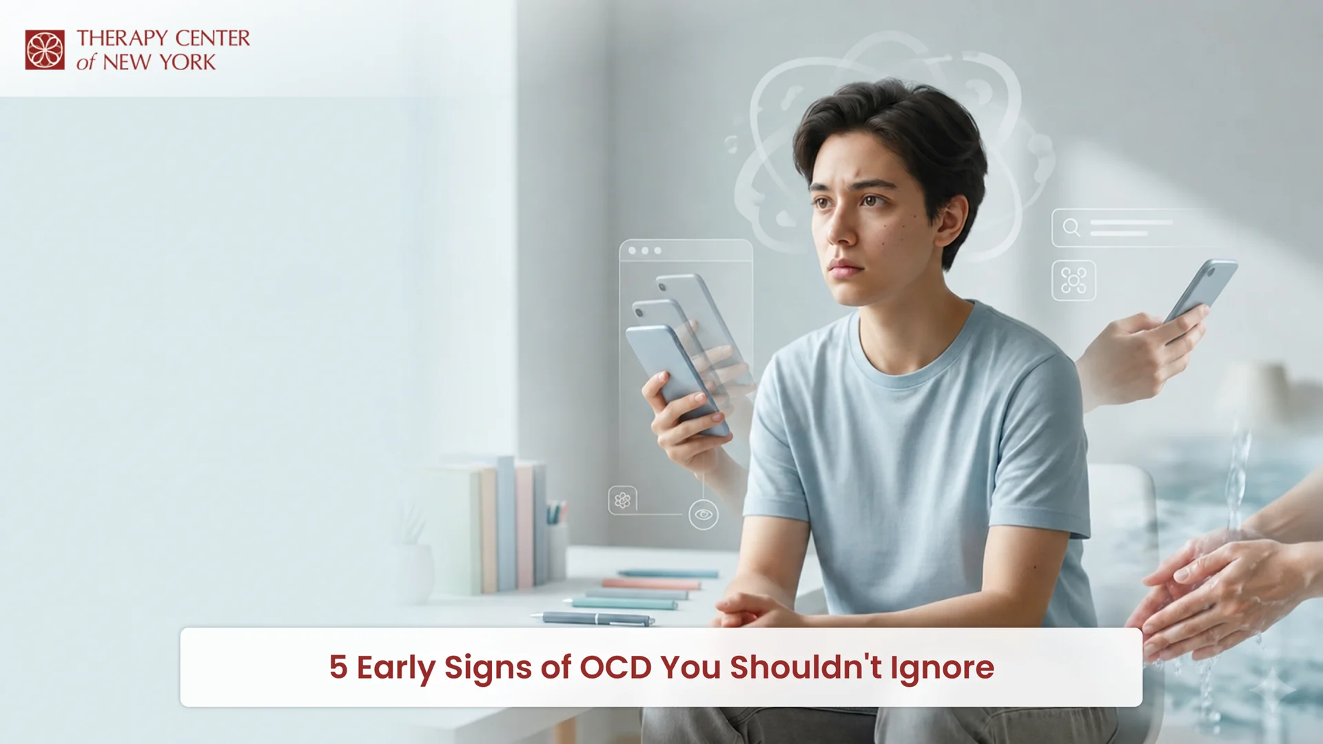Young adult showing early signs of OCD with intrusive thoughts and repetitive phone checking behaviors in a calm indoor setting