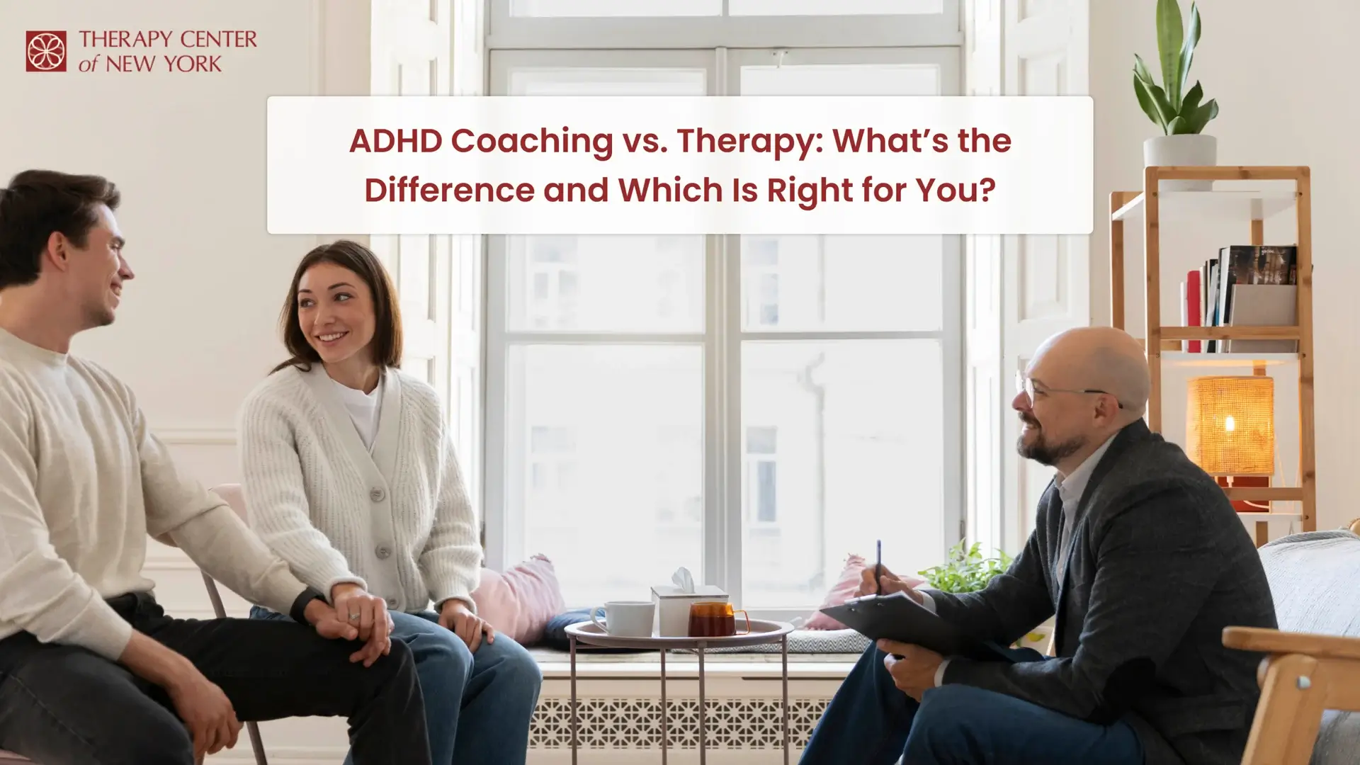 ADHD coaching vs. therapy session with a therapist meeting a couple to discuss ADHD treatment options and mental health support