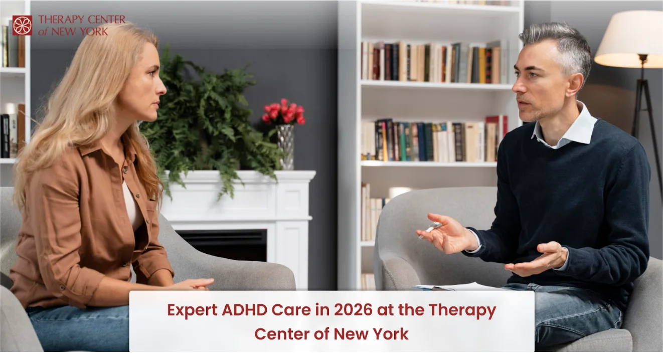 ADHD therapy session between an adult patient and a behavioral health specialist at the Therapy Center of New York in 2026
