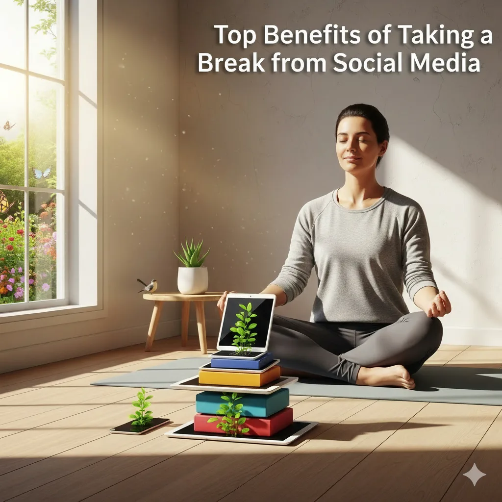 Young woman meditating indoors with sunlight, symbolizing mental clarity and benefits of taking a break from social media