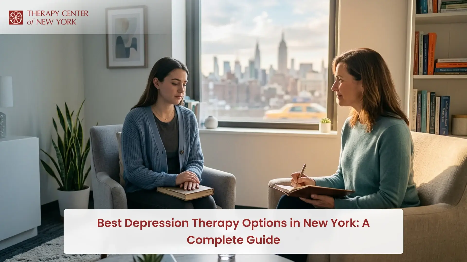 Therapist taking notes while speaking with a young woman in a counseling session, seated in a modern office with a New York City skyline view, promoting a guide to depression therapy options.