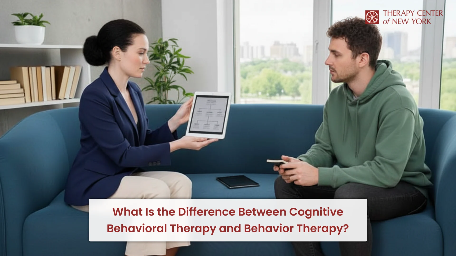Therapist explaining the difference between cognitive behavioral therapy and behavior therapy to a client during a counseling session at the Therapy Center of New York.