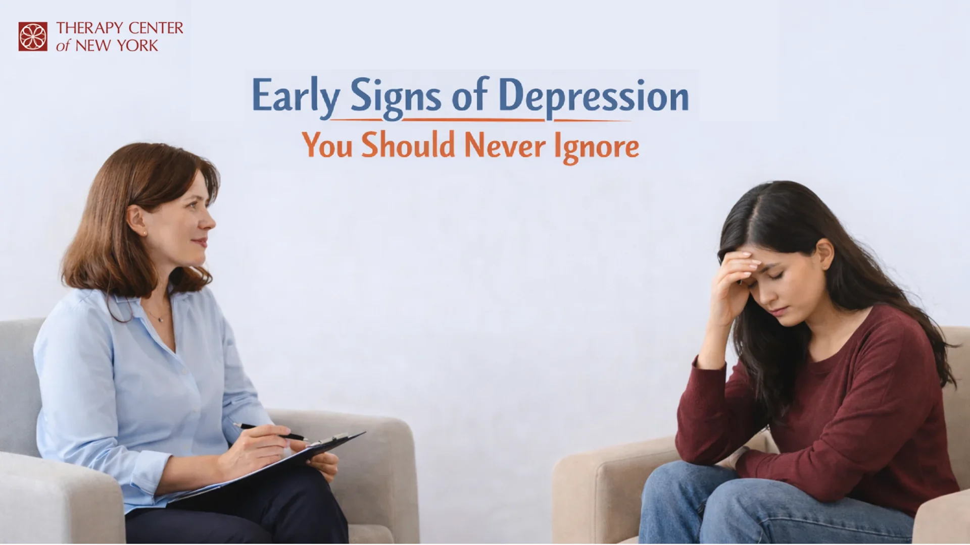 Therapist counseling young woman showing early signs of depression at Therapy Center of New York