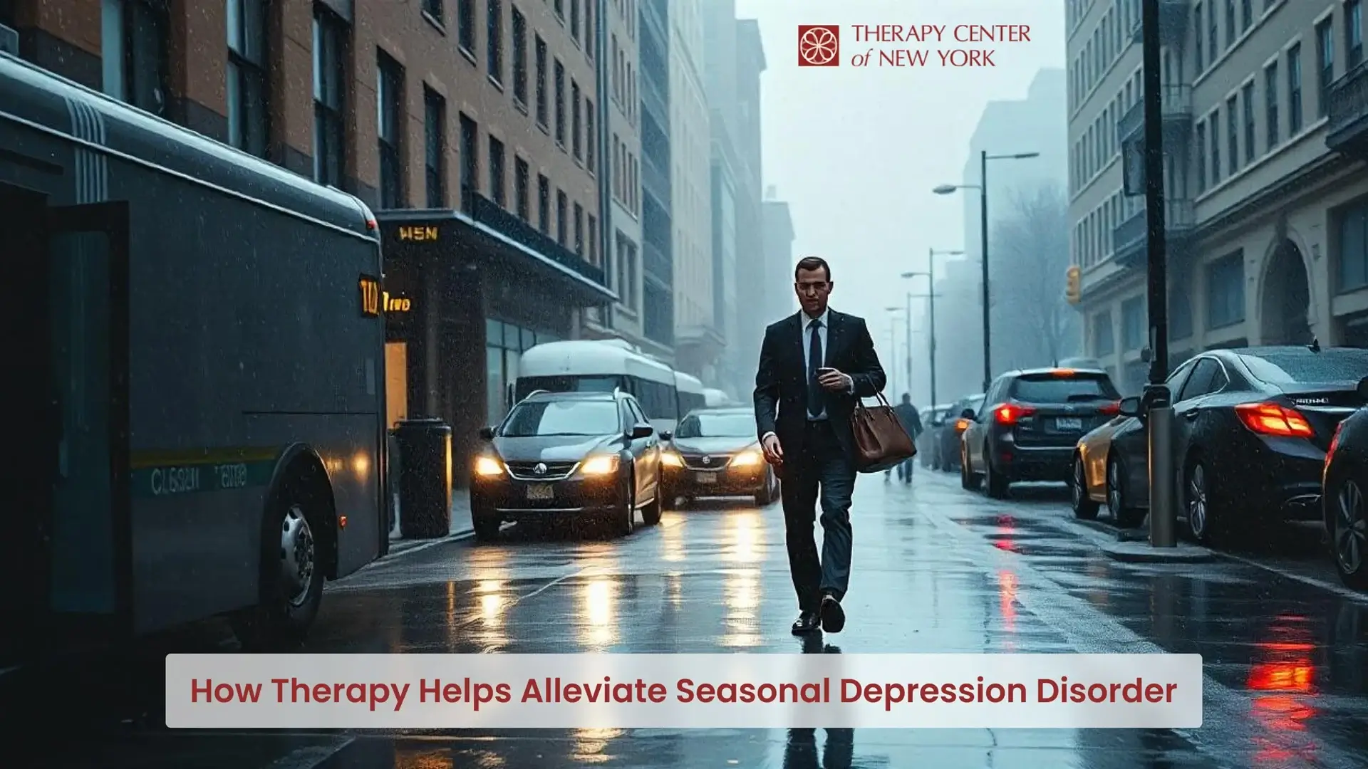 Business professional walking through a rainy city street, representing seasonal depression disorder and the emotional impact of winter weather.