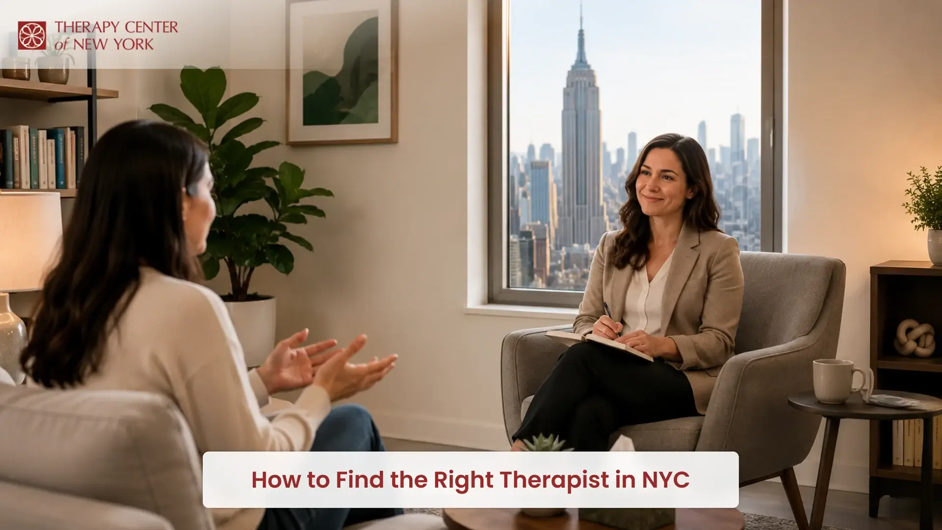 Therapist meeting with a client in a modern New York office with the Manhattan skyline in the background, illustrating how to find the right therapist in NYC.
