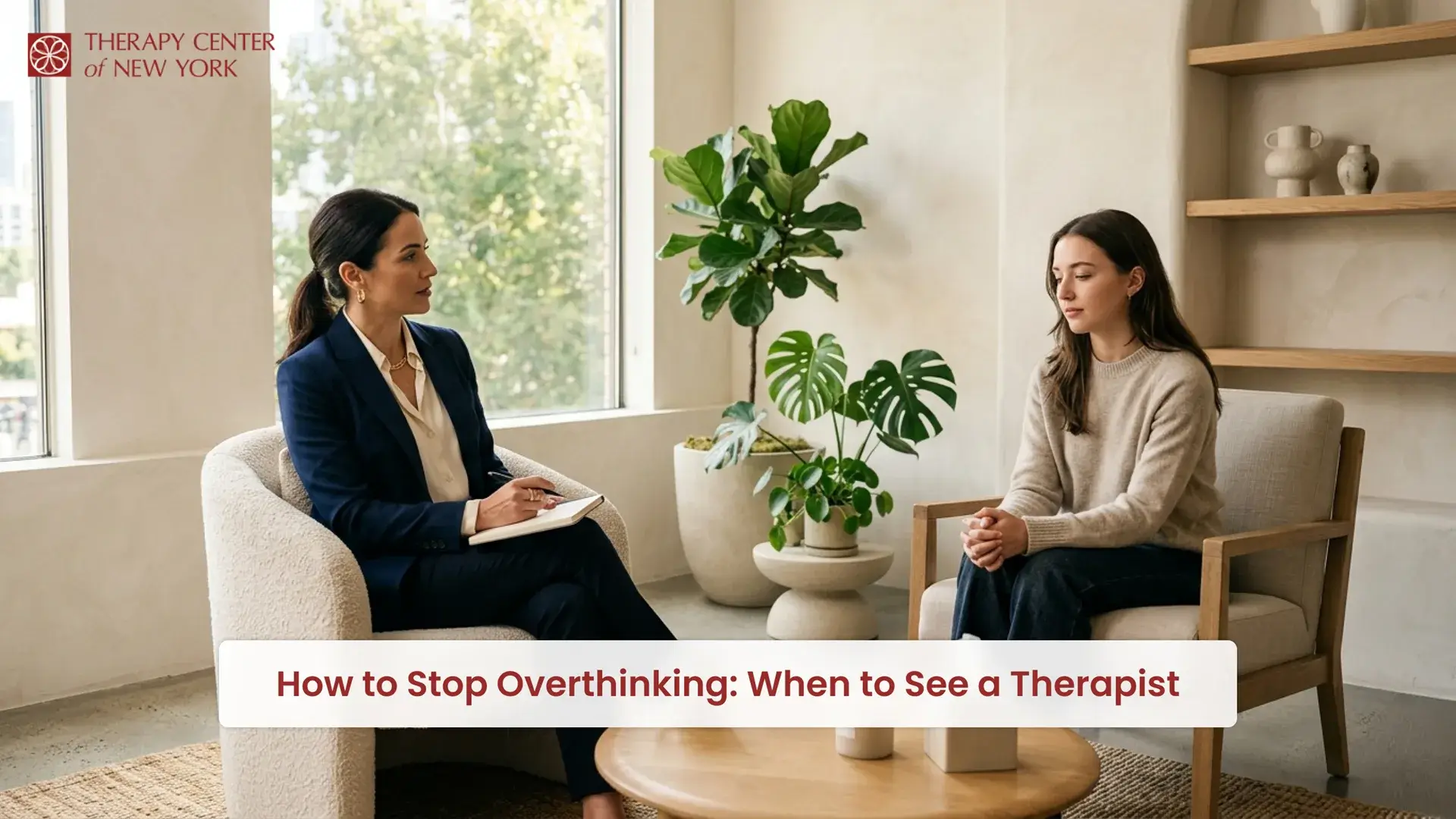 Therapist helping patient with overthinking and anxiety during counseling session in New York
