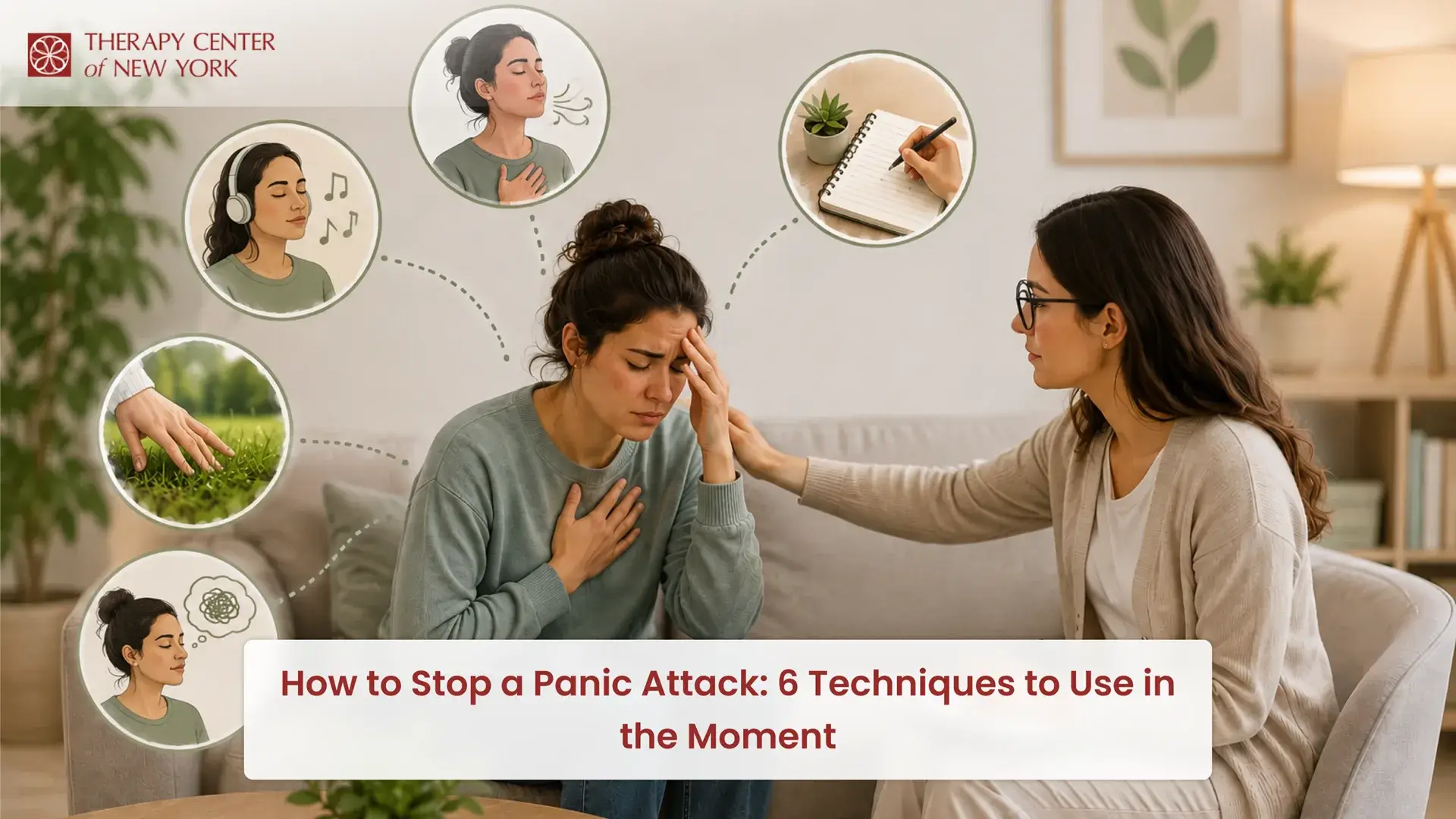 Person experiencing a panic attack while receiving support, with illustrations showing grounding techniques, breathing exercises, mindfulness, and journaling for panic relief