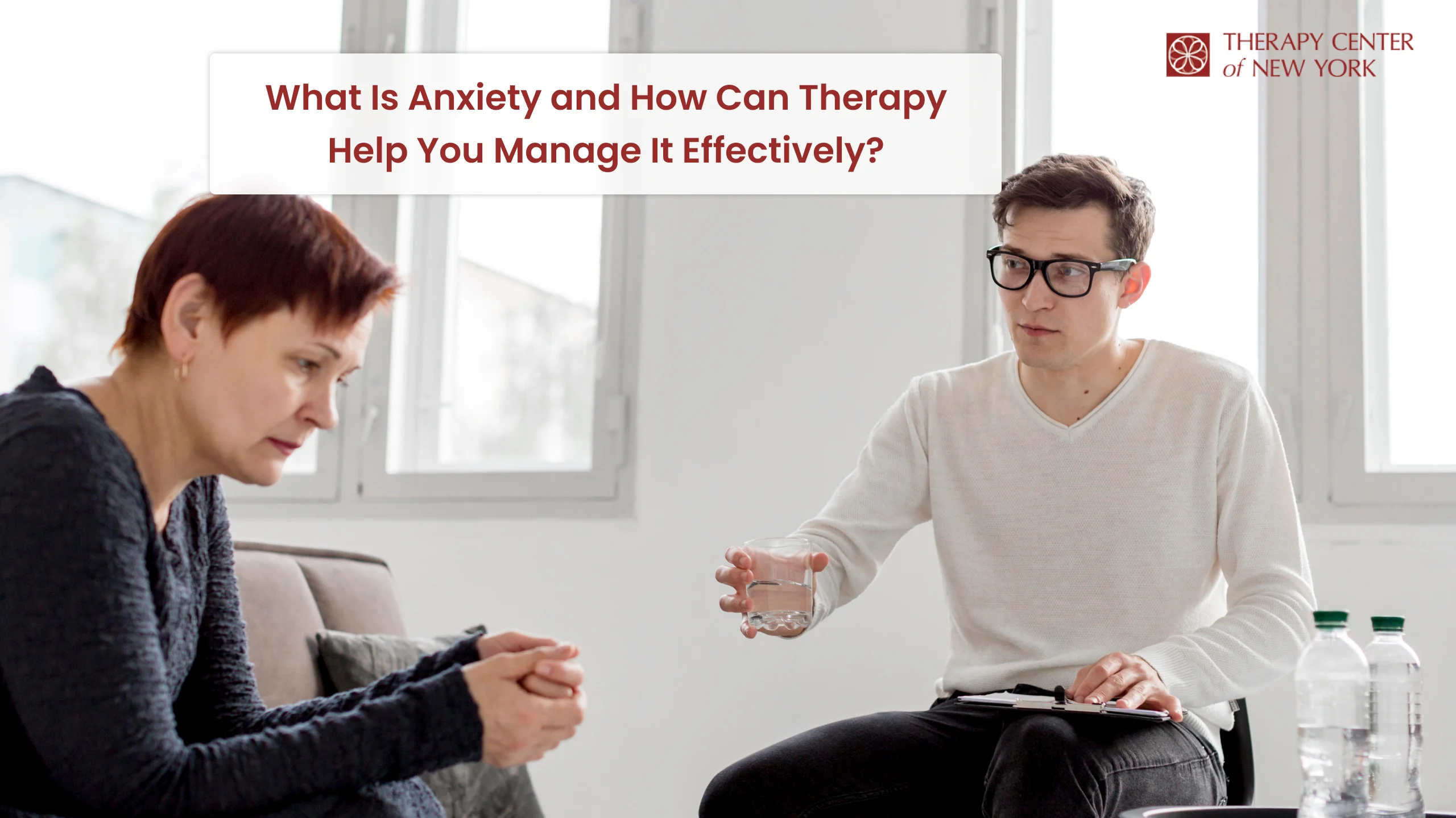 Therapist talking with a woman during an anxiety counseling session at the Therapy Center of New York.