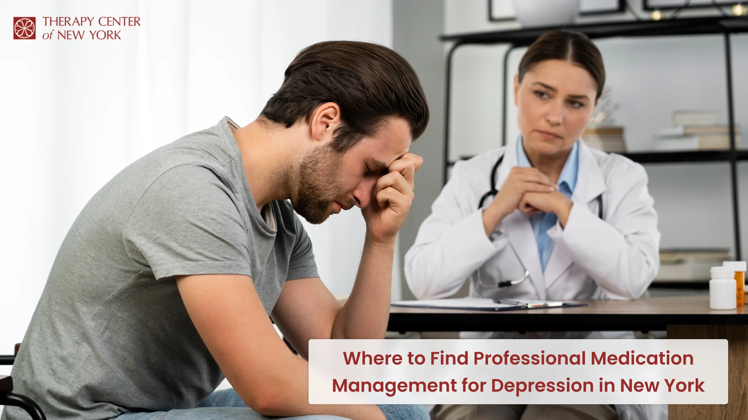 Man discussing depression treatment with psychiatrist during medication management session