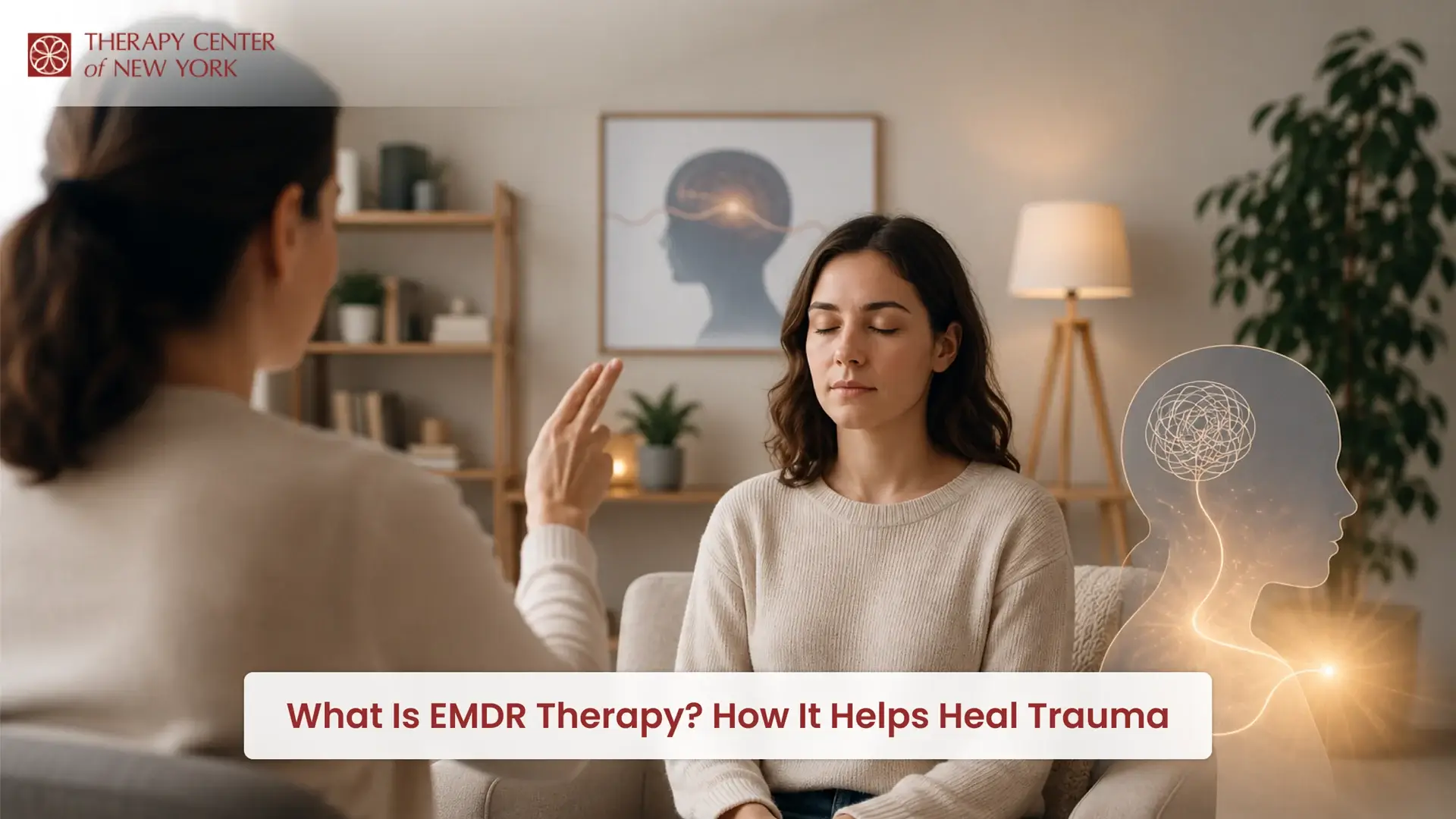 Woman participating in an EMDR therapy session with a therapist using bilateral stimulation techniques in a calm counseling office, illustrating trauma healing and emotional recovery.