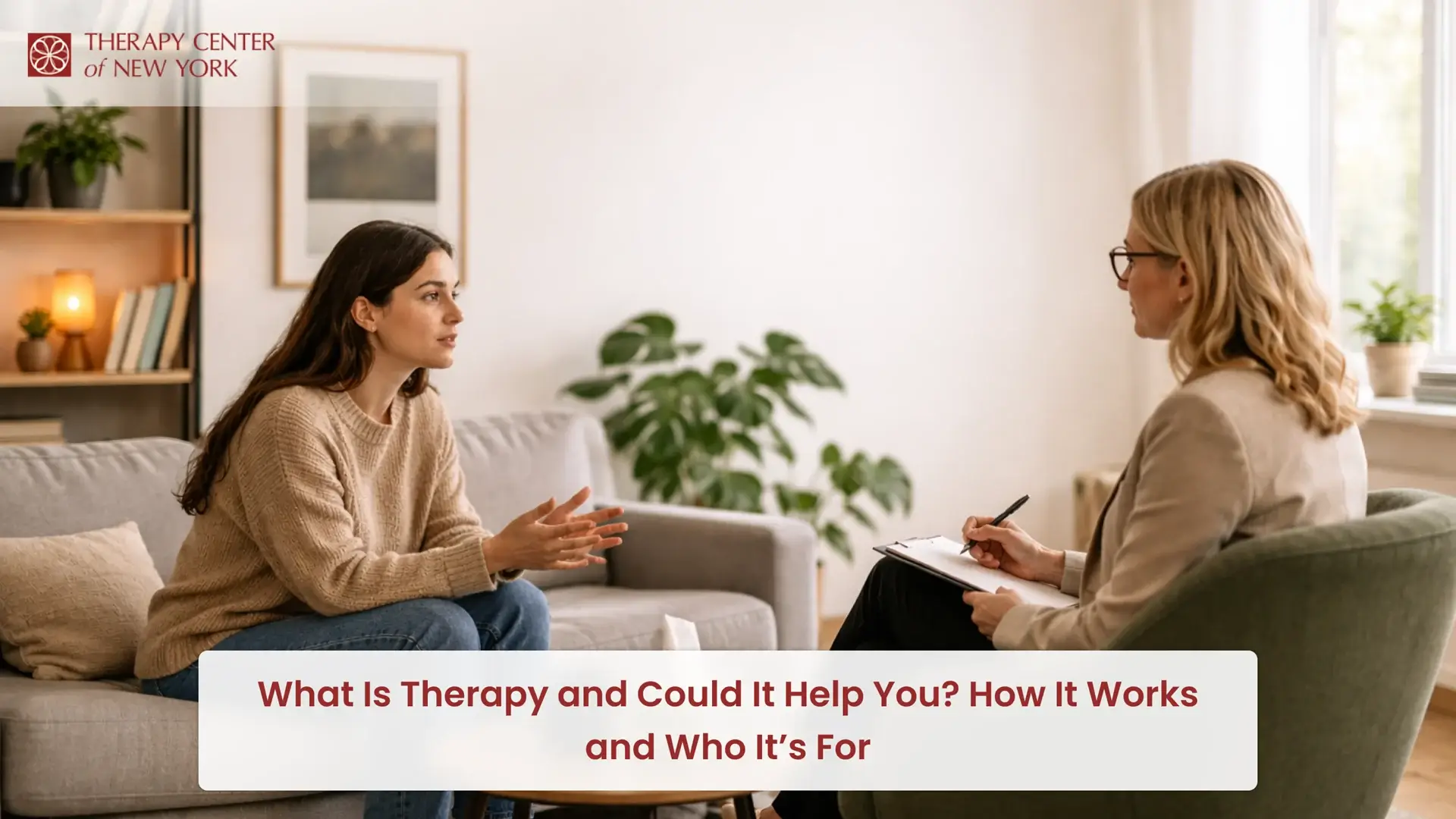 Therapist consulting with a young woman during a therapy session in a calm office setting, discussing mental health and emotional support