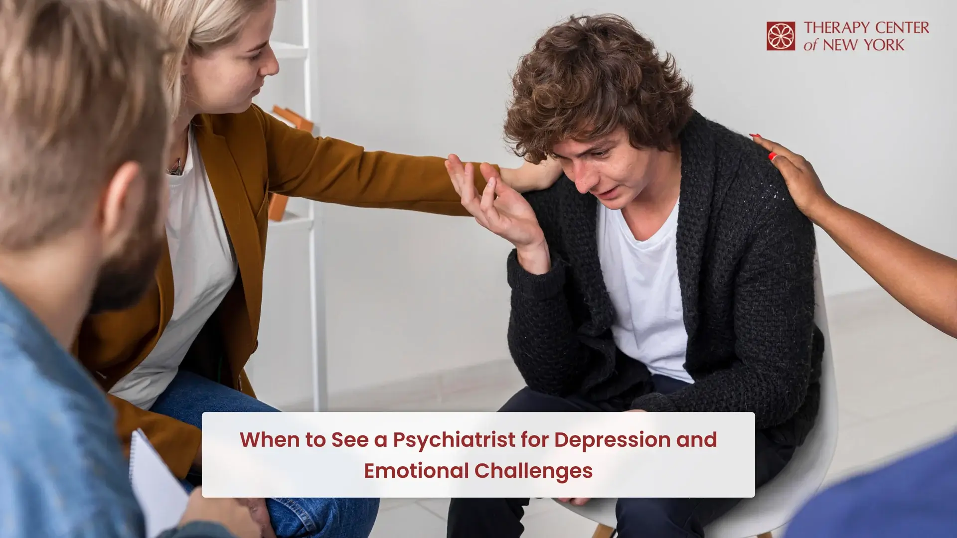 Group support session with a distressed man receiving comfort; text: "When to See a Psychiatrist for Depression."